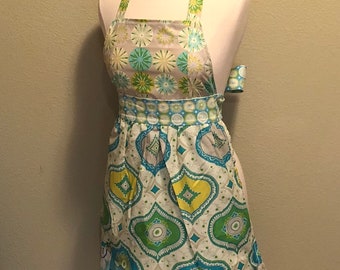 New Green, Yellow and Blue Ruffled Full Apron