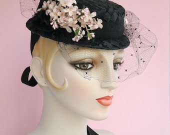 Eliza Black Straw Boater with Vintage Veil, Straw Hat, Millinery