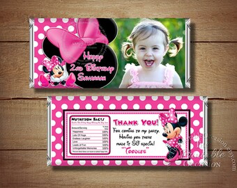 Printable Minnie Mouse Birthday Candy Bar Wrapper, Pink Polka Dot Minnie Mouse Photo Candy Bar Wrapper, Printable Wraps, Birthday Printables