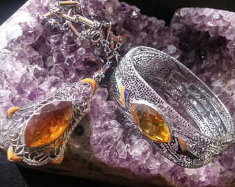 REDUCED PRICE--RARE Art Deco Flapper Necklace & Bracelet Set with Orange Topaz Glass Enamel and Filigree- 1920s Gatsby Jewelry