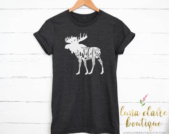 Floral Wild Moose Shirt - Women's Outdoor Tee - Hiking Shirt - Camping - Wildlife Shirt - Animal Lover - Nature Lover - Woodland Shirt