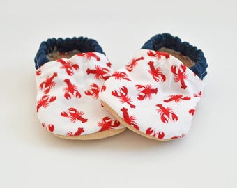 Maine baby, baby booties, baby moccs, baby mocassins, soft soled shoes, Lobster, Made in Maine, Maine Lobster, Lobster Baby Clothes, moccs