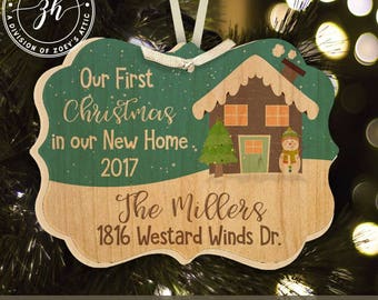 First Christmas new home with snowman personalized maple wood ornament MBO-003w