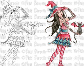 Digital Stamp Set - Includes Colored Stamp - Witch Stamp for Crafting and Card Making by Nikki Burnette - Aelita and Jax - COMMERCIAL USE