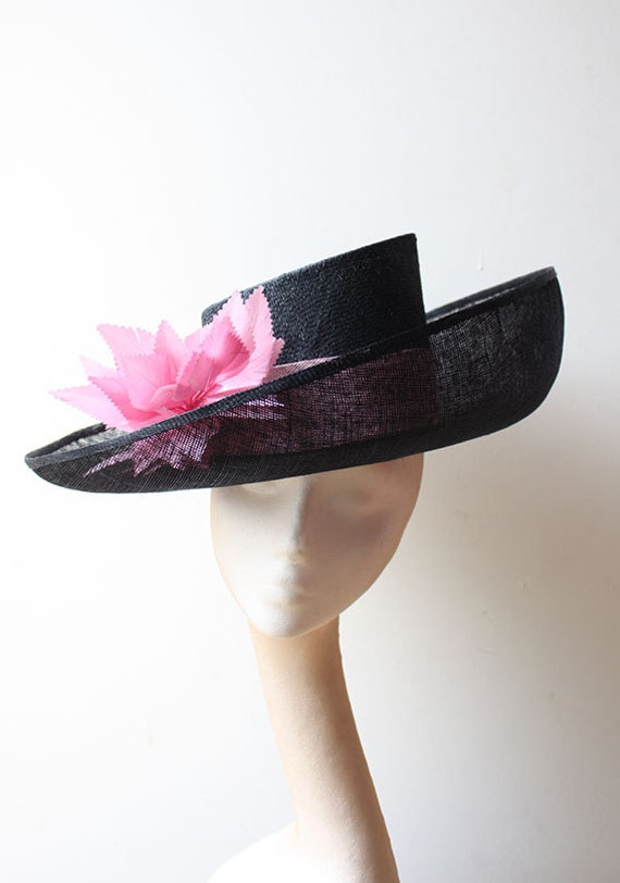Black & Pink Upturned Brim Hat Great for Weddings and Races