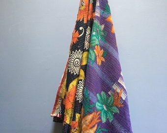 Vintage Kantha quilted cotton throw, twin - beach blanket, picnic blanket