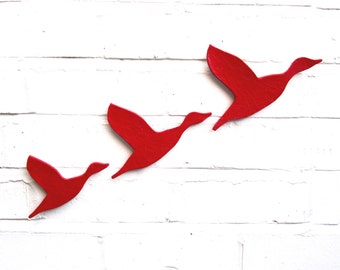 Ceramic wall art Three flying ducks set bright scarlet red Modern wall sculpture artwork Bathrooms kitchens living room