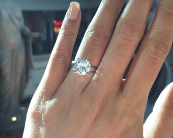 4 ct Low Profile Solitaire Engagement Ring, Man Made Diamond Simulant, Wedding Ring, Wide Ring, Promise Ring, Sterling Silver, Final Sale