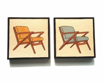 Small paintings on Wood, Set of TWO Mid Century Design Art Blocks