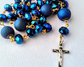 Metallic Blue Faceted Crystal and Agate Anglican Rosary / Protestant Rosary / Prayer Beads