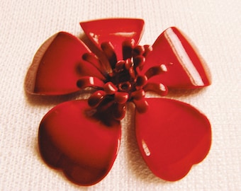 Vintage Scarlet Enamel Flower Brooch/ 1960s Flower Brooch
