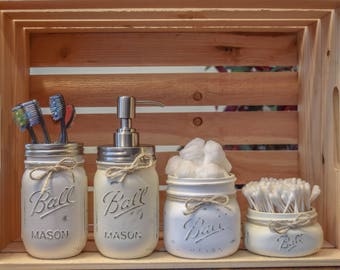 Rustic Farmhouse Distressed Mason Jar Bathroom Set, Home Decor, Farmhouse Decor, Cotton Ball Jar, Cotton Swab Jar, Rustic Bathroom
