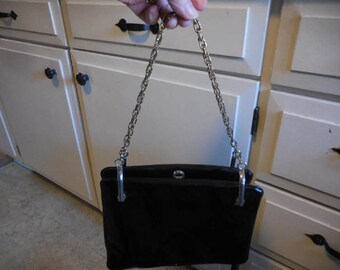 Vintage 1950s to 1960s Black Patent Leather Gold Tone Chain Hardware Signed Name Retro