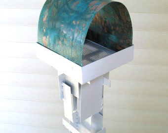 Bird Feeder Modern Build series bird feeder No. 18 in welded steel with white enamel finish and copper roof