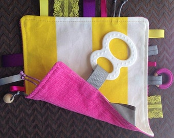 FREE SHIPPING - HANDMADE Yellow, white and Pink fabric Tactile/ Sensory Baby toy with teether, ribbons, lace, beads, bright