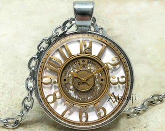 Vintage clock art pendant, clock pendant, vintage clock necklace, gold clock jewelry, clock art necklace, vintage clock, Pendant#HG151P