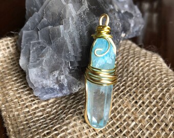 Aqua Aura Quarts Crystal Pendant