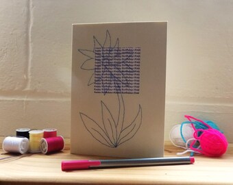 Stitched Birthday Flower Card, Cream and Blue Greetings Card, Blank Card.