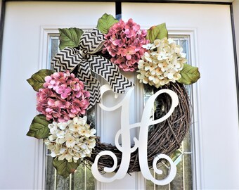 Spring Monogram Front Door Wreath-Pink and Cream Hydrangea Wreath for Door-Mother's Day Gift-Wreath with Burlap Bow-Wreath for Porch