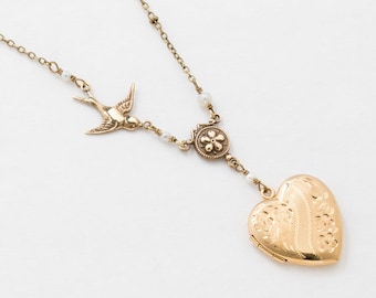 Heart Locket, Locket Necklace in Gold Filled with Genuine Pearl, Bird Charm, Floral Engraving, Vintage Jewelry, Photo Locket, Womens Gift