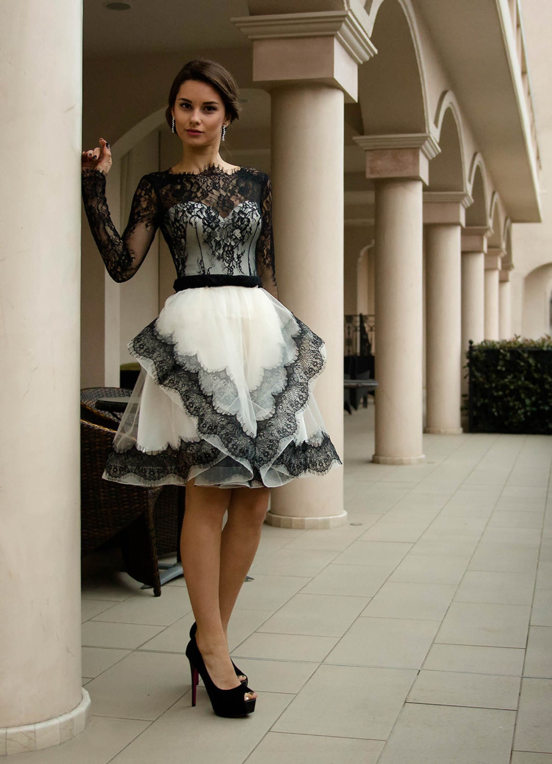 Black and white wedding dress Short bridal dress with lace