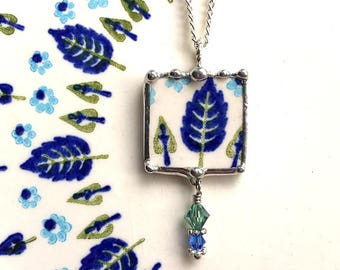 Broken china jewelry, pendant necklace, green blue trees, mid century modern, antique china, Swarovski crystals - Dishfunctional Designs