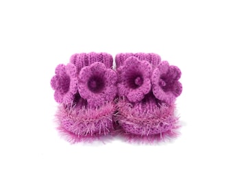 Hand Knitted Baby Booties with Crochet Bell Flowers - Purple, 9 - 12 months