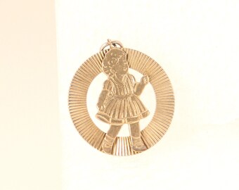 Vintage Girl Child Charm Gold 1950s Girl Round Plated Little Girl in Dress Grooved 3D Pendant Sweet 17