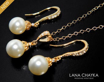 Bridal Pearl Gold Jewelry Set Swarovski 8mm Ivory Pearl Earrings&Necklace Set Small Pearl Bridal Jewelry Set Bridesmaid Pearl Gold Jewelry