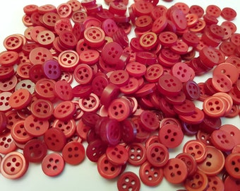 Red buttons, 100 assorted sizes and shades, small baby and children craft buttons, red color embellishments