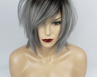 Ombre Brown & Grey Human Hair Wig. Uni-Sex, One Size.
