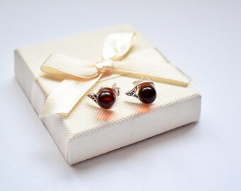 Baltic Amber Cherry Earrings, Natural Amber Earrings, Silver stud Earrings 925