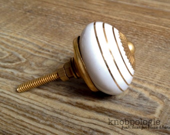 Gold and White Stripe Ceramic Knob - Art Deco Gatsby Drawer Pull - Round White Ceramic Knob with Metallic Gold