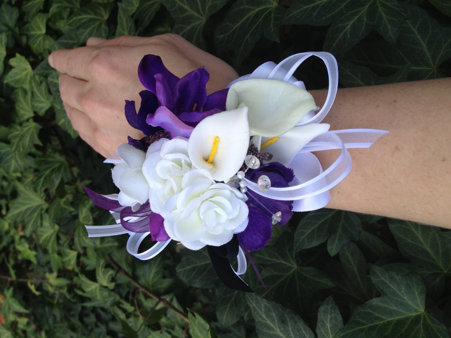 Purple And White Real Touch Silk Wrist Corsage For Weddings Or