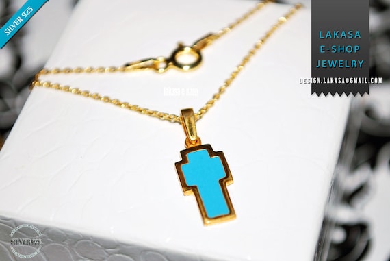 Cross Blue Enamel Chain Necklace Sterling Silver Jewelry Baptism Newborn Kids Boy Gril HappyShowerDay Mother Unisex Religious Best Price