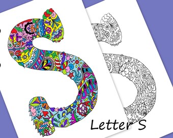 Letter S Colouring Page, Zentangle Art Inspired, Adults Coloring Page, Coloring Zentangle Alphabet Letters, Embroidery Design