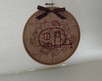 Embroidered Teardrop Trailer on Burlap - Framed