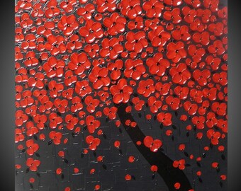 Gemälde Acrylbild Kunst Malerei Leinwand Wand Dekoration Bild Baum Blüten Blumen Grau Rot 60 x 60 cm sofort zum Aufhängen by ilonka