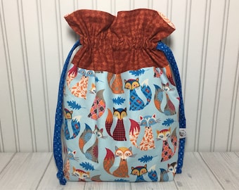 Large Drawstring Knitting Crochet Project Bag - Artsy Foxes
