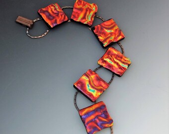 Copper and Purple Dichroic Fused Glass Bracelet, Dichoric Glass Link Bracelet, Dichroic Glass Bracelet - Textured Coppery Bracelet