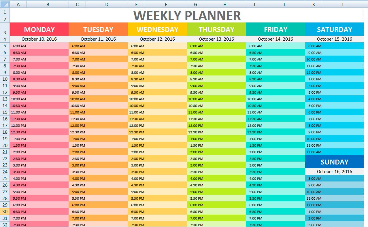 hourly weekly planner printable editable daily hourly