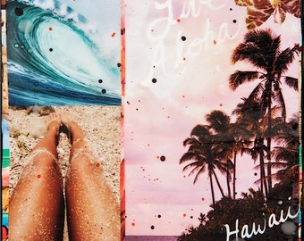 ORIGINAL, Live Aloha Hawaii, Oil and Encaustic Collage, One of a Kind, 6x6, artwork, wood panel, Collector's item, Surf Art, wall art