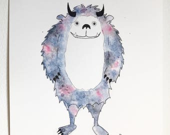 Original illustration, watercolor, Yeti, handmade, 8 x 10, 300g paper