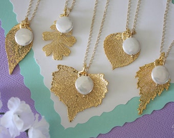 4 Gold Leaf Bridesmaid Necklace, Real Leaf, Pearl Necklace, Leaf and Pearl, Leaf Necklace, Leaf Pendant, Bridesmaid Gift, White Pearl