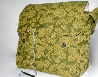 Green,Flowers, Knitting Bag, Snag-Free, Zipper-less, Yarn Dispenser, Pro-knitter bag, handbag, yarn storage, crocheting tote, Knit on the go