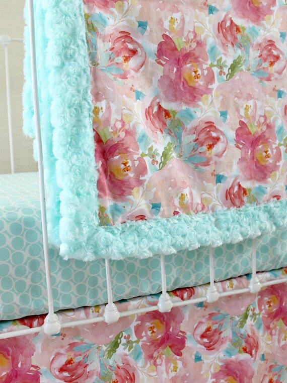 pink and aqua pastels and peonies crib blanket with new minky pink and aqua pastels and peonies crib blanket with new minky