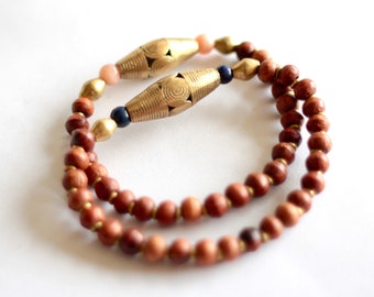 Brown African Bracelet, Tibetan Wood Beads, African Jewelry, Tribal Bracelet, Ghana Gold Brass, Lapis Sunstone Gemstone, Unisex Jewelry