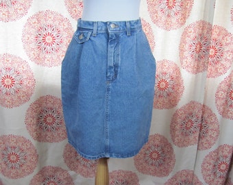 Womens Vintage 80s 90s Denim High Waist Mini Skirt / Jean Skirt / Tight Denim Skirt / Pleated / Retro Denim Skirt