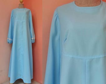 Blue Maxi Dress Long Sleeve 70s Dress Vintage Caftan Dress Womens Dresses 1970s Kaftan Dress Women Loose Dress Polyester Dress Medium Large
