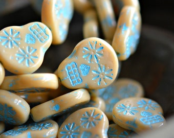 Haunted Faces - Czech Glass Beads, Opaque Ivory, Turquoise Wash, Sugar Skull Beads 20x17mm - Pc 2